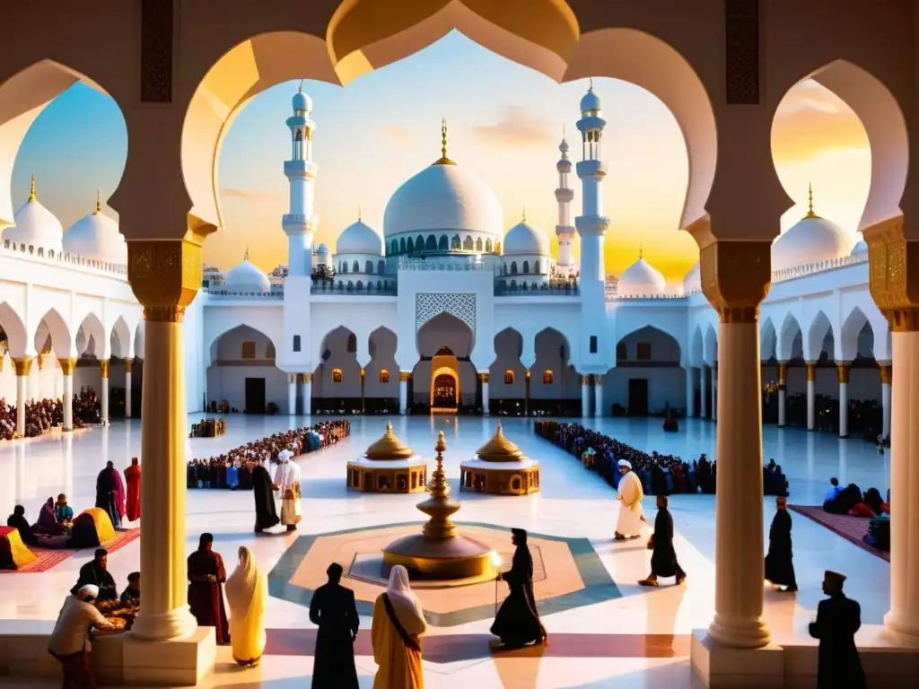 Pilgrims en santuarios islámicos, mercado colorido y mezquita con arcos y azulejos vibrantes al atardecer