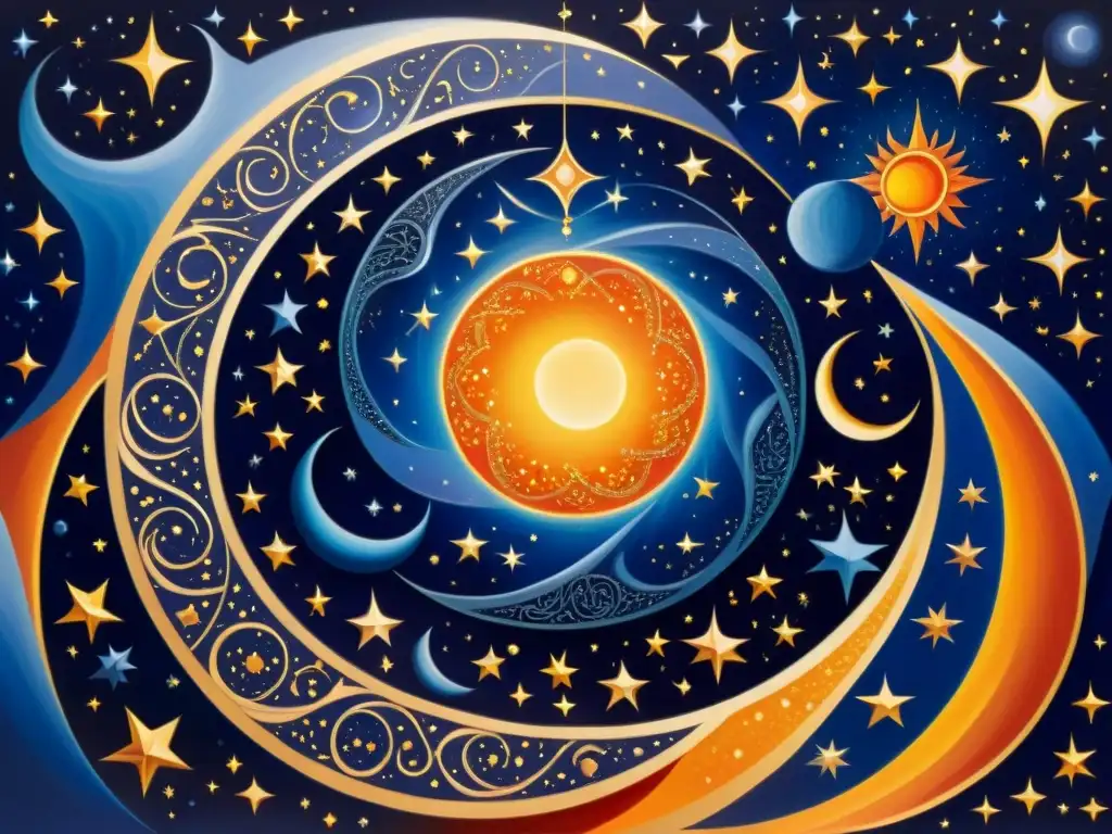 Una pintura celestial con poesía cósmica Ibn Arabi entrelazada en una escena de galaxias y estrellas, en tonos vibrantes y profundos