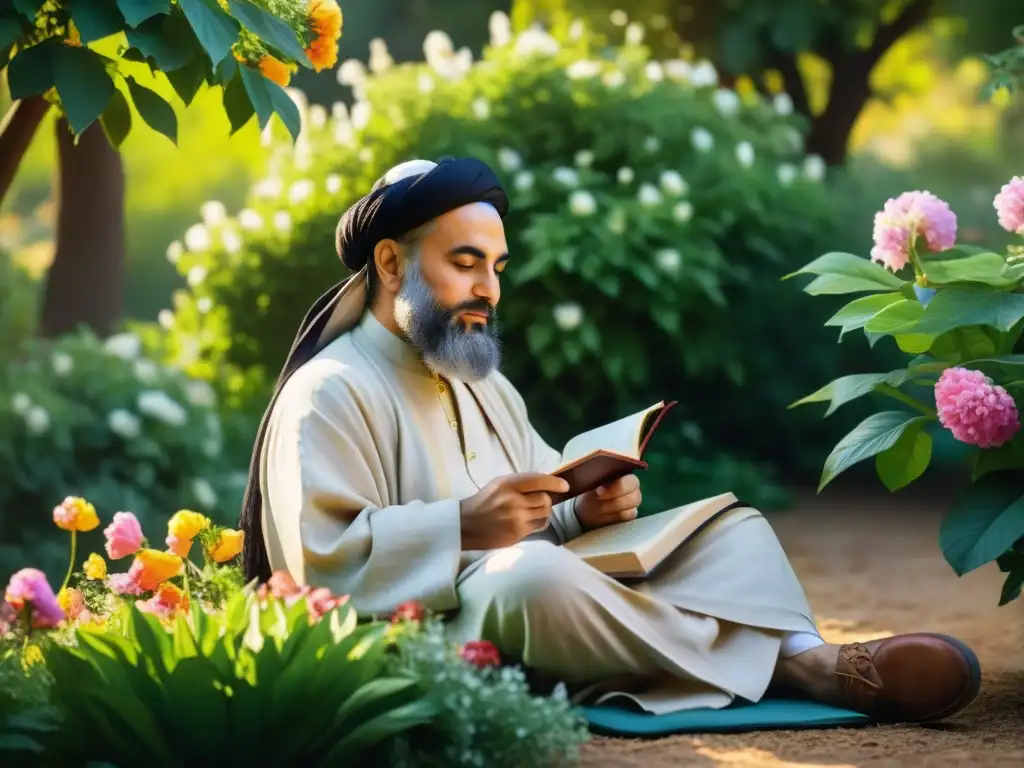Pintura detallada de Hafiz en un jardín sereno, rodeado de flores vibrantes, evocando la belleza lírica de la poesía persa