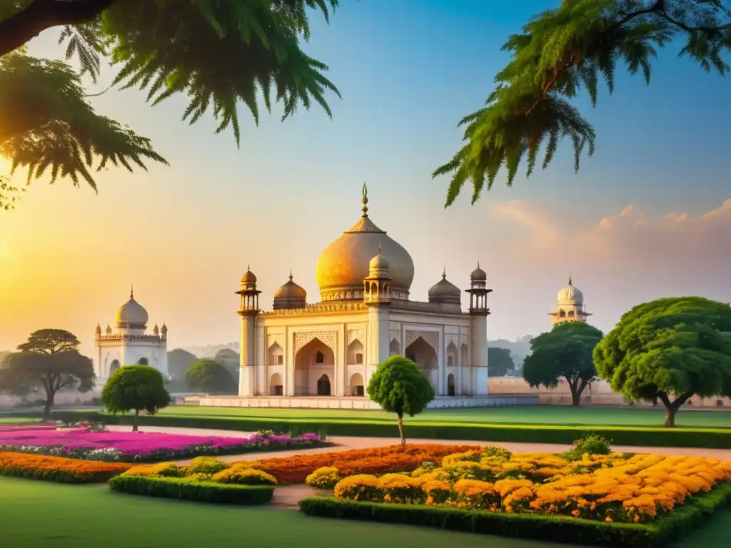 Una pintura detallada y realista de los Tumbas Qutb Shahi en Hyderabad, India, bañadas por la cálida luz dorada del atardecer