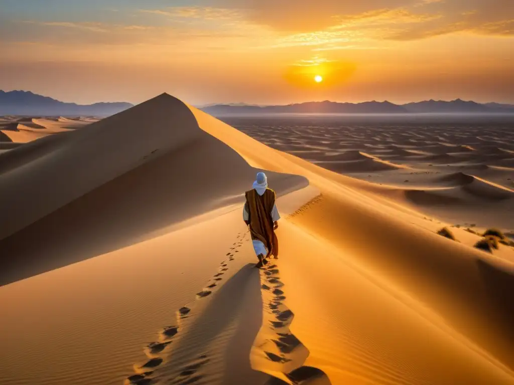 Una pintura detallada de un sereno desierto al atardecer, con tonos cálidos sobre las dunas y una figura islámica en contemplación