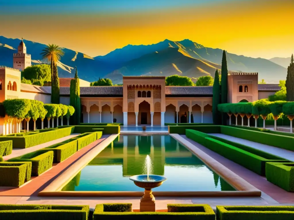 Una pintura detallada y vibrante de la Alhambra al atardecer, con influencias de la cultura musulmana en España y resonancias de la cultura occidental