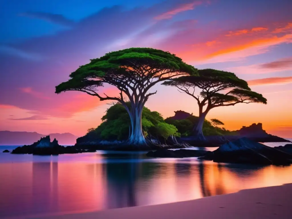 Una pintura fotorrealista del archipiélago de Socotra al atardecer, con los árboles de sangre de dragón en contraluz contra un cielo naranja y rosa