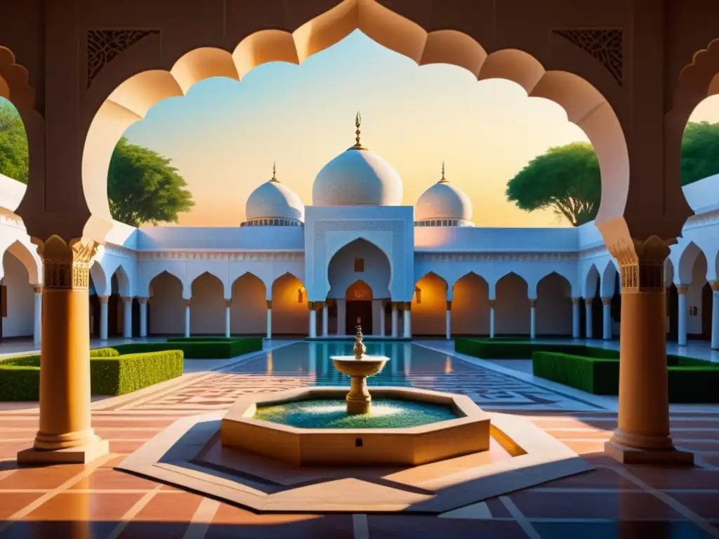 Una pintura fotorrealista que representa un sereno patio de mezquita al anochecer, con patrones geométricos e influencia del Islam en pintura
