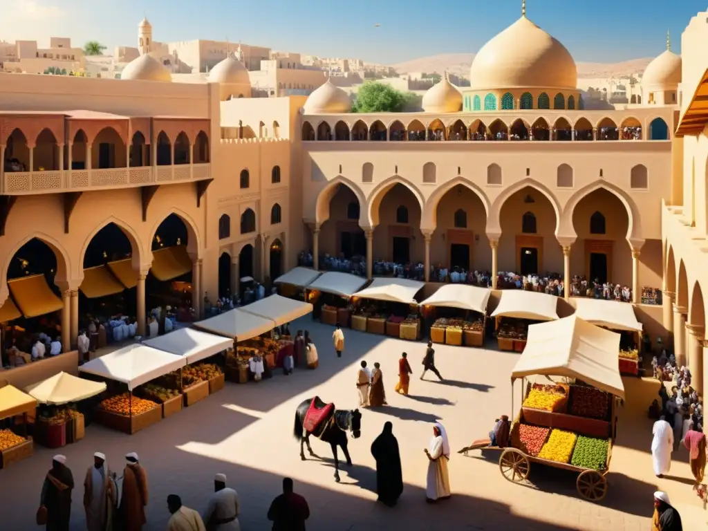 Una pintura hiperrealista de un bullicioso mercado en una histórica ciudad del Medio Oriente, detallada influencia del Islam en Pintura