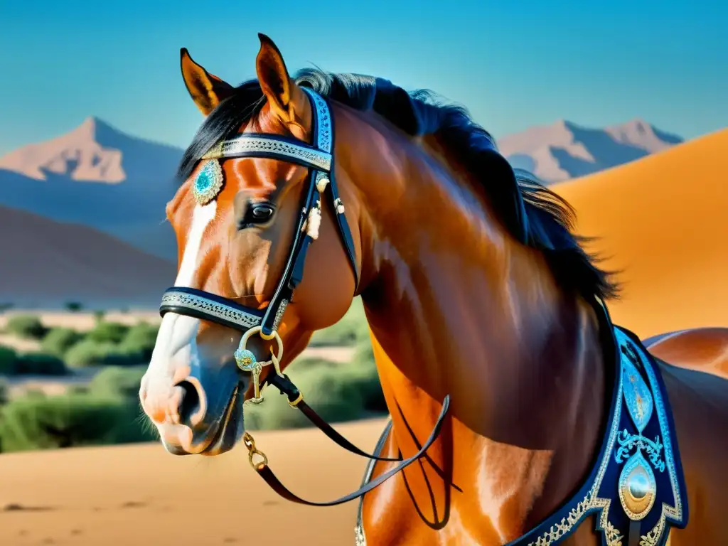 Una pintura impresionante de un majestuoso caballo árabe con atuendo ecuestre islámico tradicional, en un paisaje desértico detallado