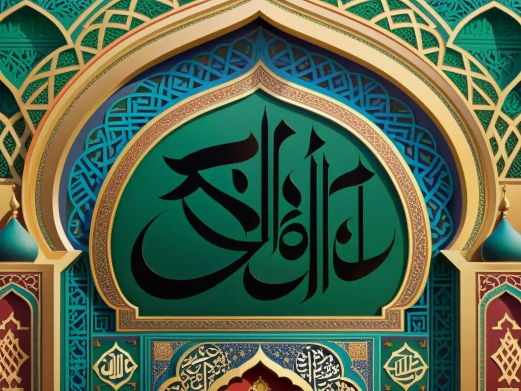 Una pintura islámica detallada con patrones geométricos, caligrafía y colores vibrantes, capturando la influencia del Islam en la pintura