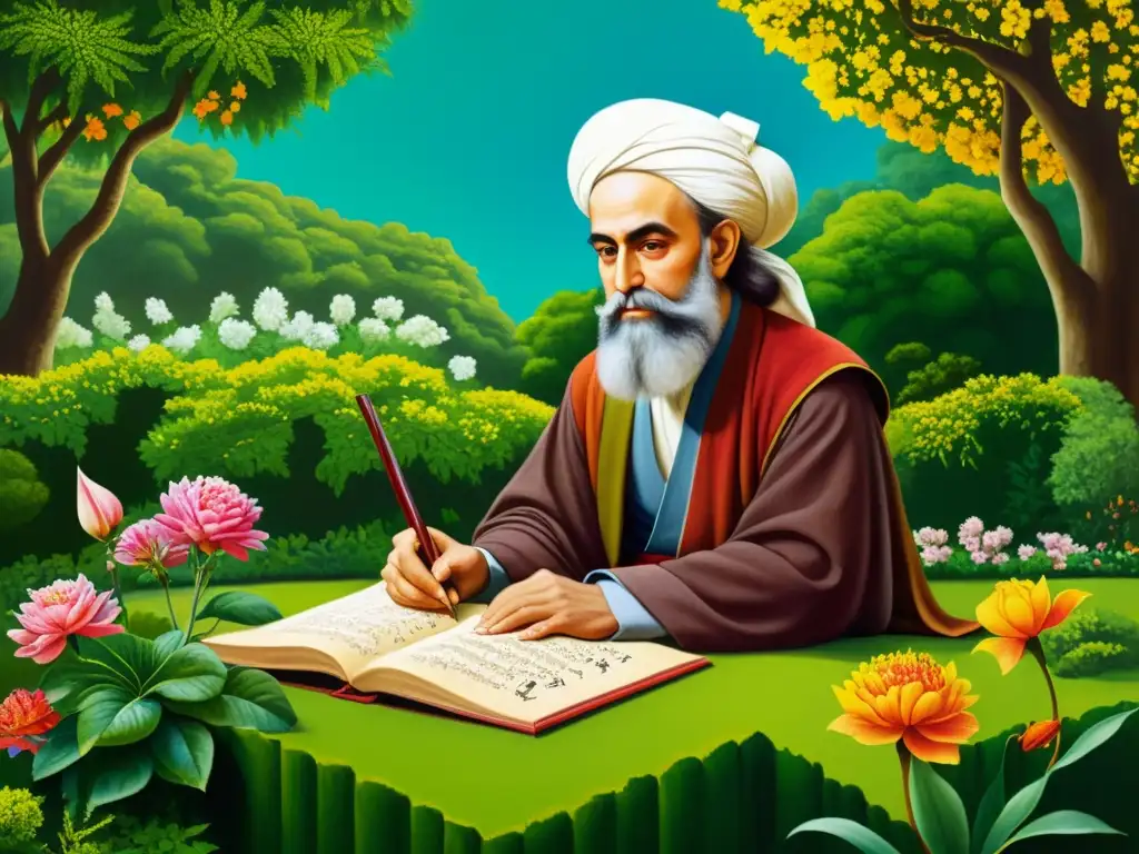 Una pintura ultradetallada y fotorrealista de Omar Khayyam, el poeta persa, en un exuberante jardín con caligrafía persa y flores exóticas