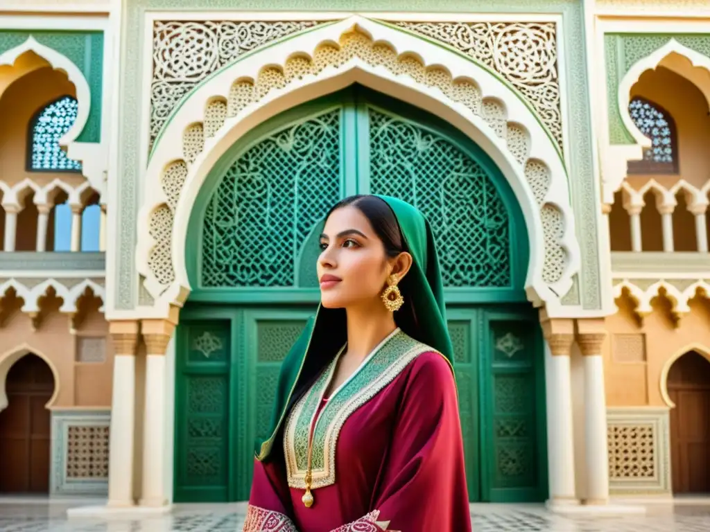 Fatima alFihri, pionera del pensamiento islámico, frente a la Universidad de alQarawiyyin en Fez, Marruecos, en una ilustración detallada y realista