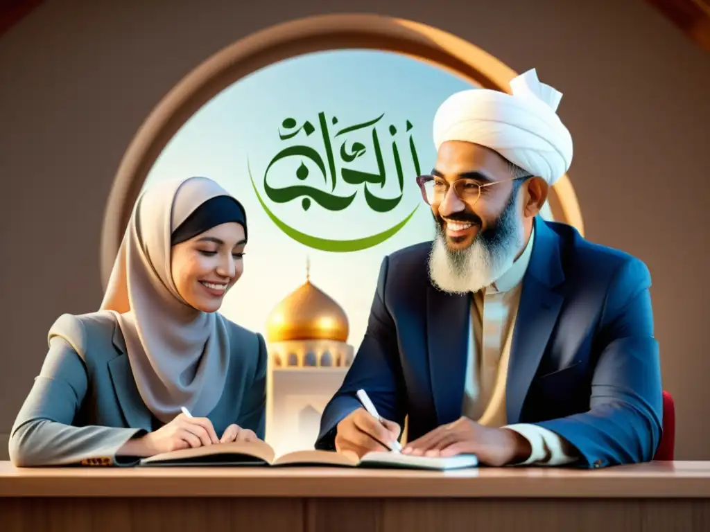 Una plataforma de elearning para estudiar el Islam, con participantes de todas las edades interactuando en un entorno acogedor y moderno