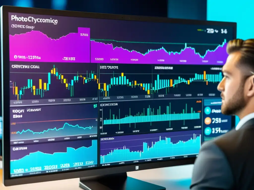 Plataforma de intercambio de criptomonedas con diseño futurista y vibrantes gráficos financieros