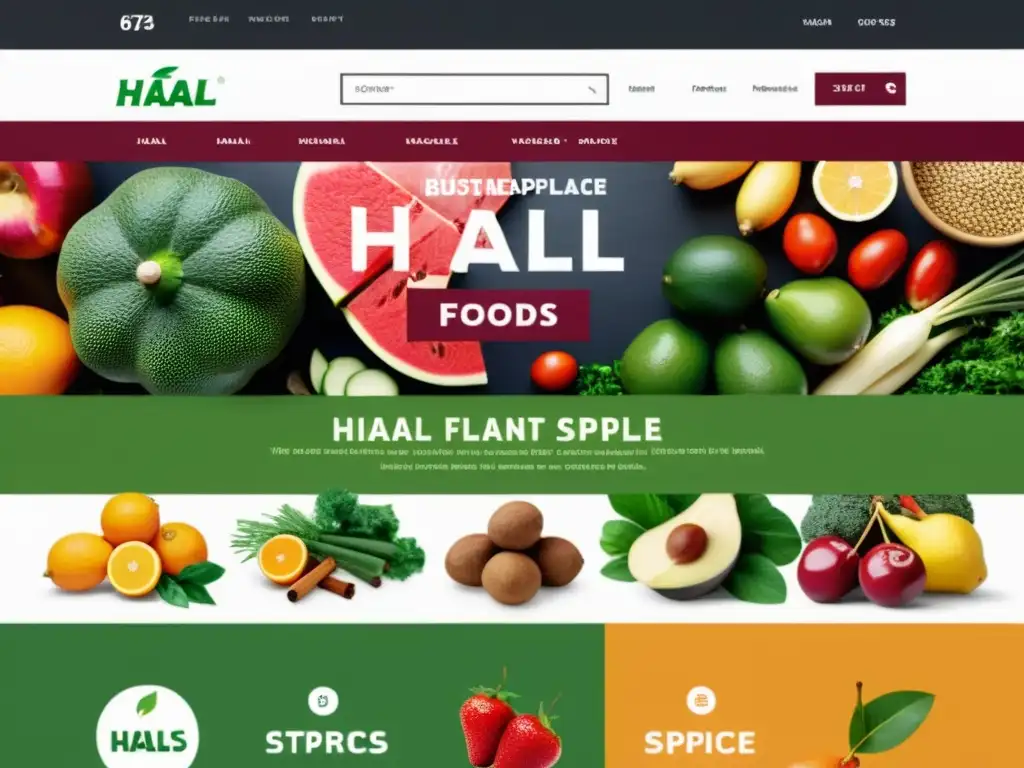 Plataforma online alimentación Halal innovadora con variedad de productos frescos y colorida interfaz de usuario