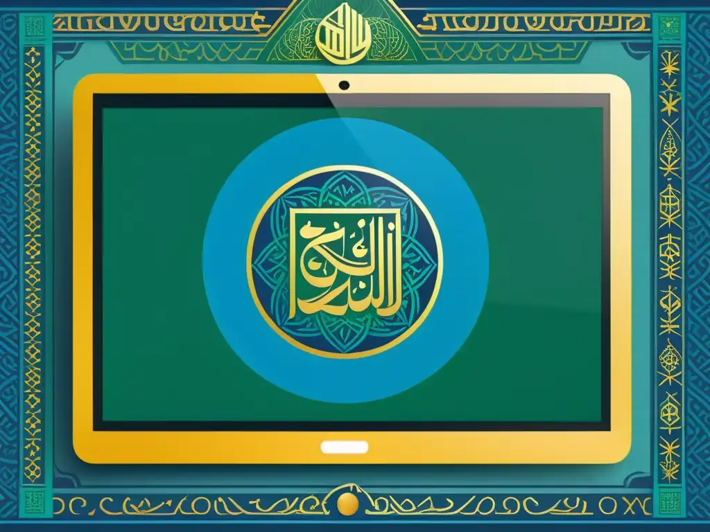 Plataformas de elearning para Islam: Interfaz serena con caligrafía árabe y patrones geométricos, colores armónicos y herramientas interactivas