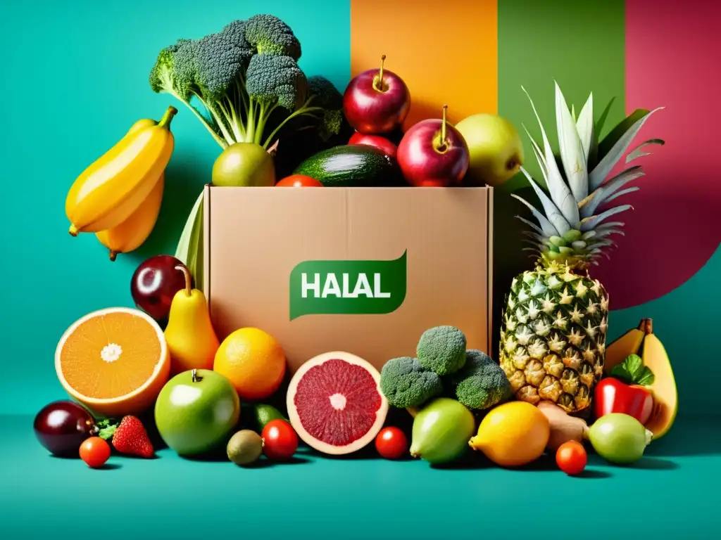 Plataformas online alimentación Halal innovadoras: Imagen realista de alimentos frescos y coloridos en una plataforma de entrega moderna y elegante