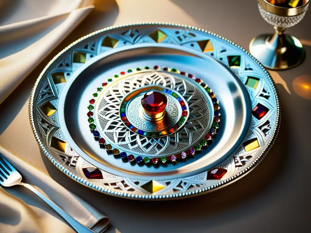 Platería islámica para decorar mesa: Detallada bandeja de plata con filigranas y gemas, reflejando la riqueza cultural y artística islámica