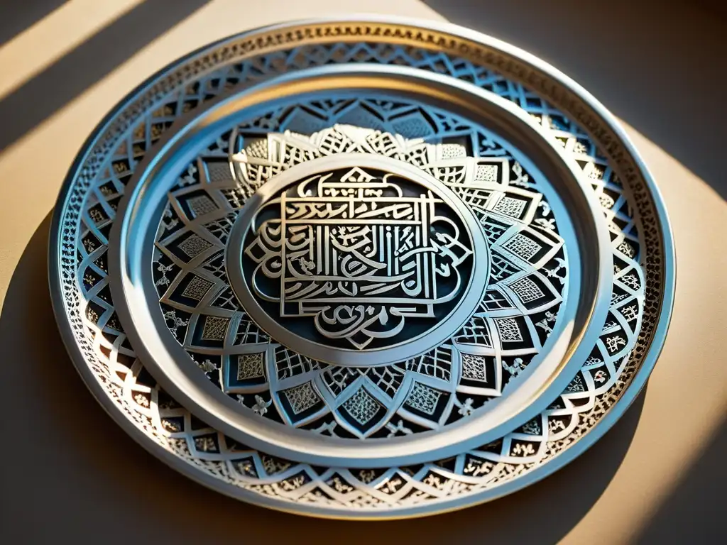 Una platería islámica para decorar mesa: detalle exquisito de bandeja de plata con patrones geométricos y caligráficos, bañada por la luz del sol