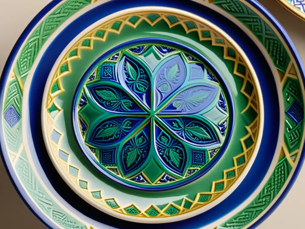 Plato de cerámica español con influencia islámica en su decoración, con patrones geométricos y caligrafía en azul, verde y dorado