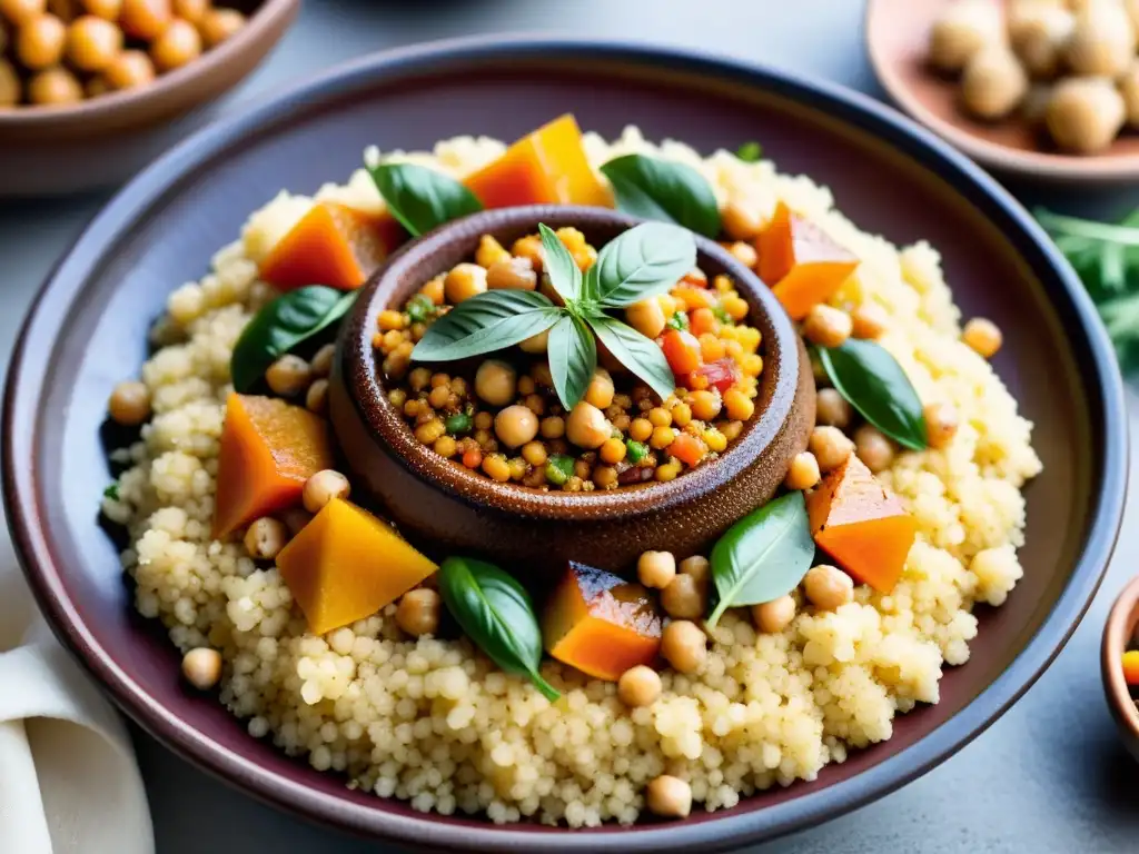 Un plato de couscous marroquí tradicional con vegetales, cordero y garbanzos, evocando la evolución del plato couscous en el mundo islámico