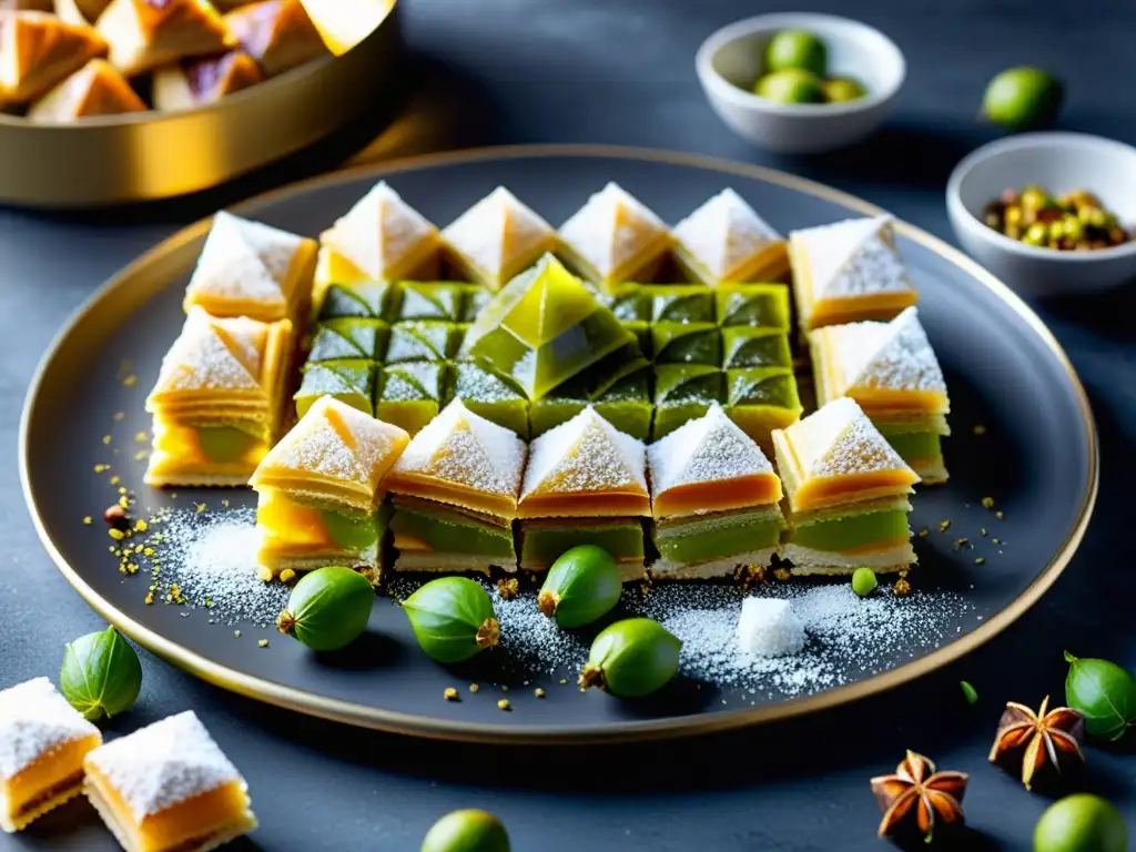 Plato decorado con baklava y delicia turca, una festín visual que evoca recetas tradicionales de países musulmanes