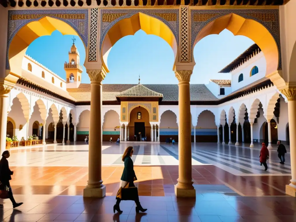 Una plaza bulliciosa en la moderna Andalucía, con arquitectura morisca detallada que resplandece bajo la cálida luz dorada