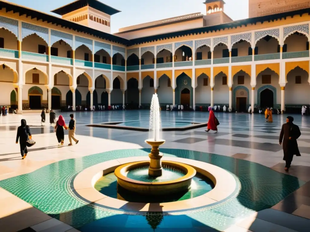 Plaza pública con patrones geométricos islámicos y una fuente, reflejando el arte islámico en espacios cotidianos