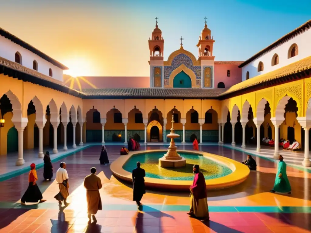 Una plaza tradicional llena de arquitectura morisca, gente vestida de forma tradicional y patrones islámicos