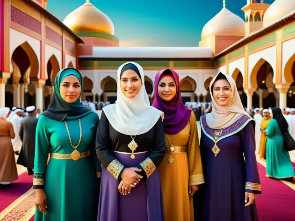 Un poderoso grupo de líderes femeninas de la expansión del islam, con expresiones determinadas, viste atuendo tradicional en un bullicioso mercado