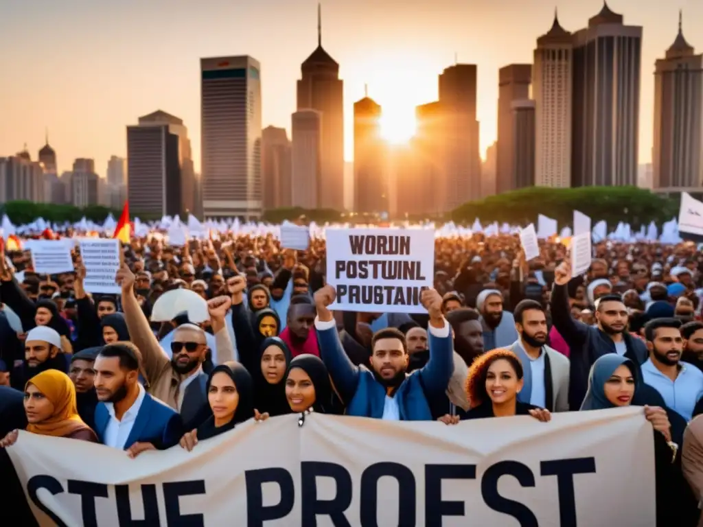 Un poderoso grupo de manifestantes con pancartas y poesía de protesta en el mundo islámico, en una vibrante ciudad al atardecer