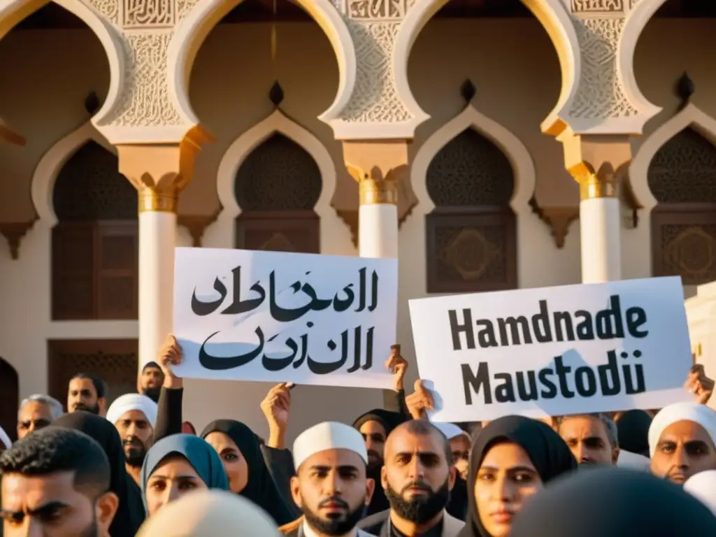 Poesía de protesta en el mundo islámico: manifestantes con carteles en árabe frente a una mezquita histórica, bañados en cálido sol dorado