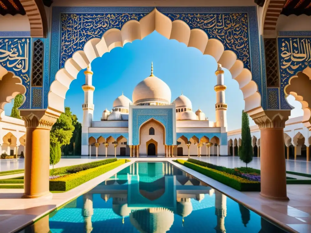 Una poesía simbolista del Islam: una mezquita ornamental se yergue contra un cielo azul, rodeada de jardines exuberantes y piscinas tranquilas