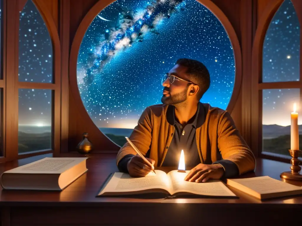 Omar Jayam, astrónomo y poeta, absorto en el universo mientras contempla constelaciones y ecuaciones en su escritorio iluminado por velas