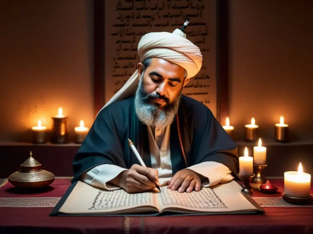 Un poeta Sufi en un ambiente místico, iluminado por velas