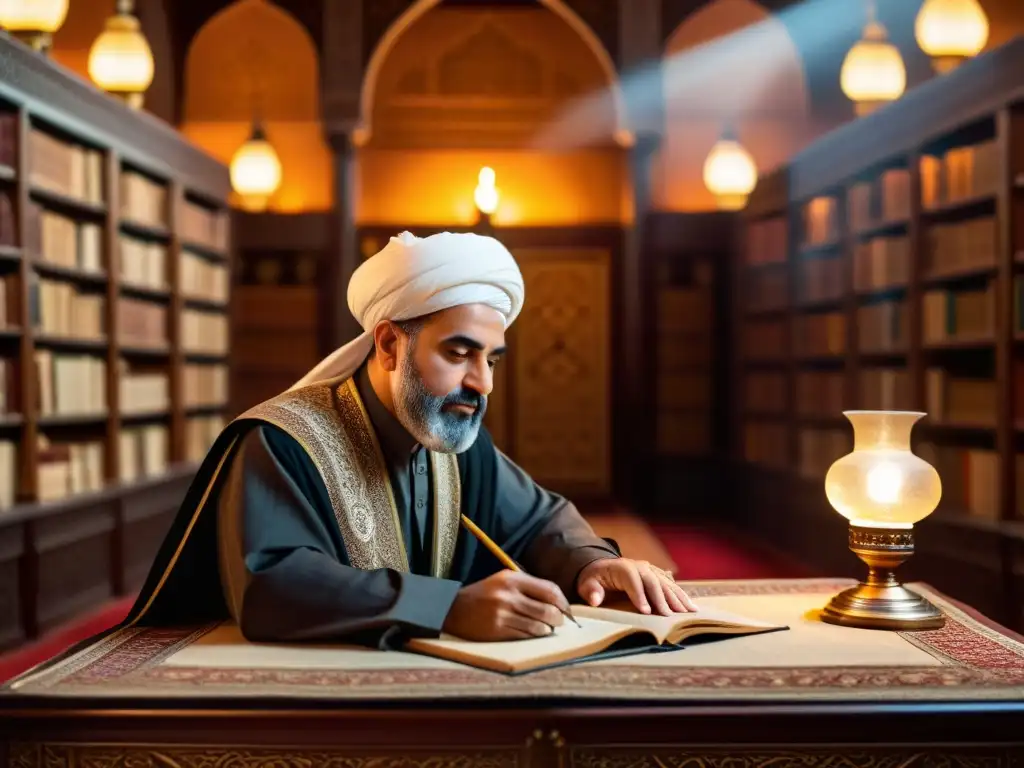 Ibn Hazm, filósofo y poeta andaluz, inmerso en su escritura en una biblioteca ricamente decorada