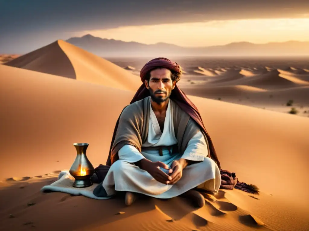 Un poeta beduino contemplativo sostiene un manuscrito en el desierto, con tradición beduina en la poesía