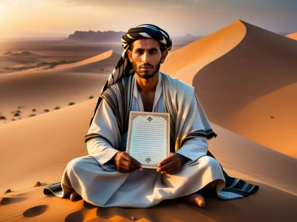 Un poeta beduino en el desierto, con atuendo tradicional, recita versos en un paisaje cálido al atardecer