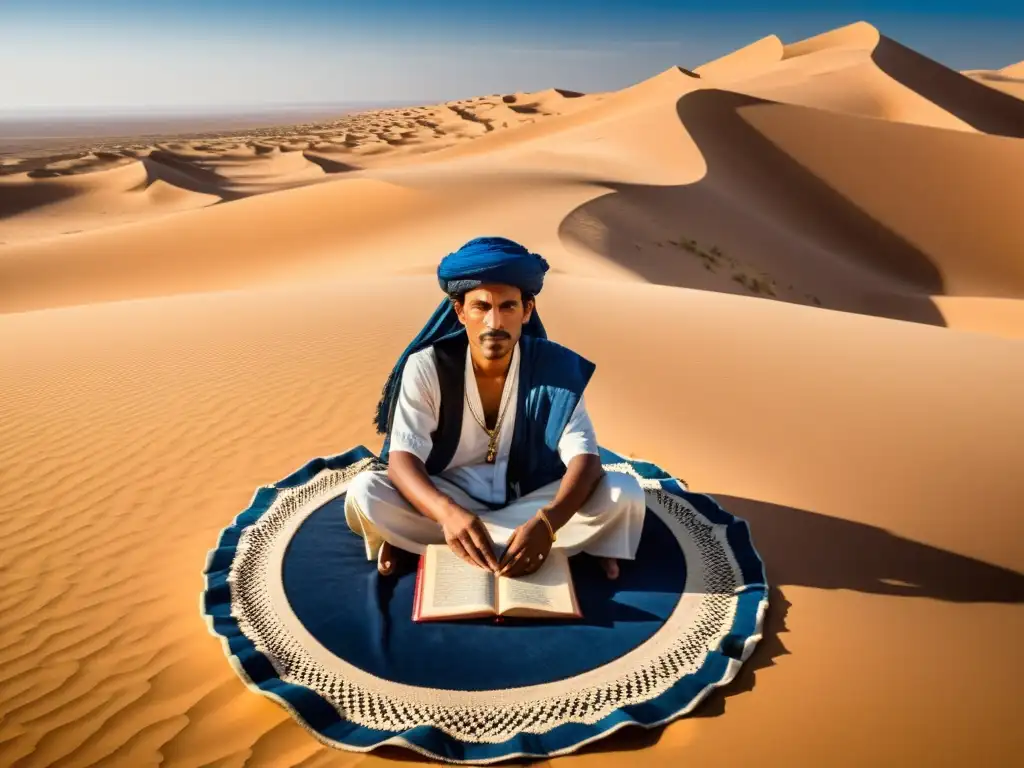 Un poeta beduino comparte su sabiduría en el desierto al atardecer, rodeado de viajeros