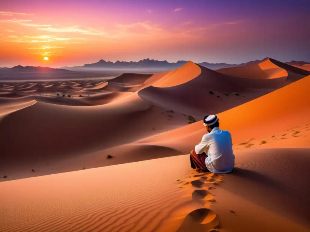 Poeta beduino en el desierto al atardecer: transición poética islámica Un poeta beduino escribe versos al atardecer en el desierto árabe, capturando la influencia poética preislámica en el Islam