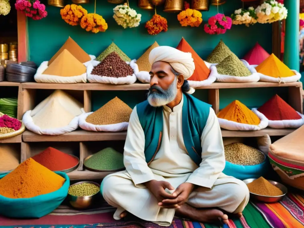 Un poeta sufí en el bullicioso mercado indio, inspirándose en la poesía y la vida cotidiana