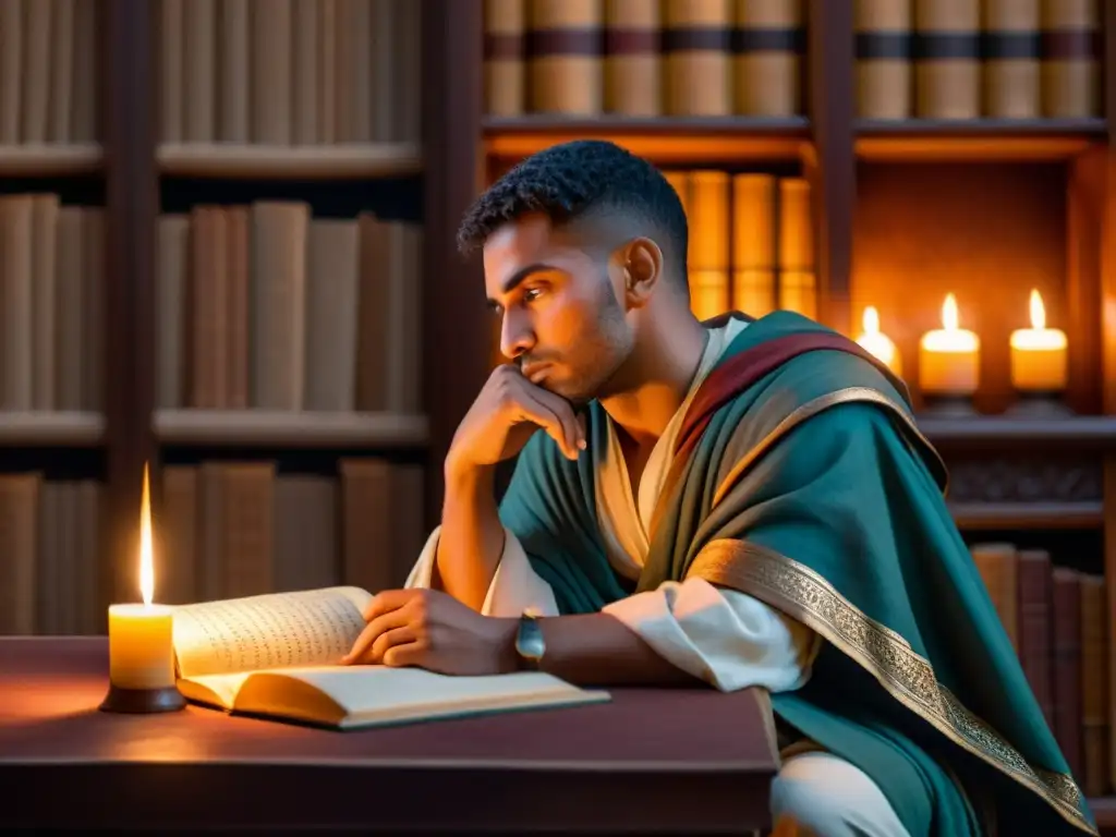 Al-Ma'arri, poeta filósofo ciego, contempla en una biblioteca antigua, iluminada por velas, rodeado de libros y pergaminos