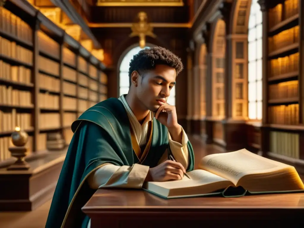 Al-Ma'arri poeta filósofo ciego reflexiona en biblioteca antigua rodeado de libros y pergaminos, iluminado por luz cálida