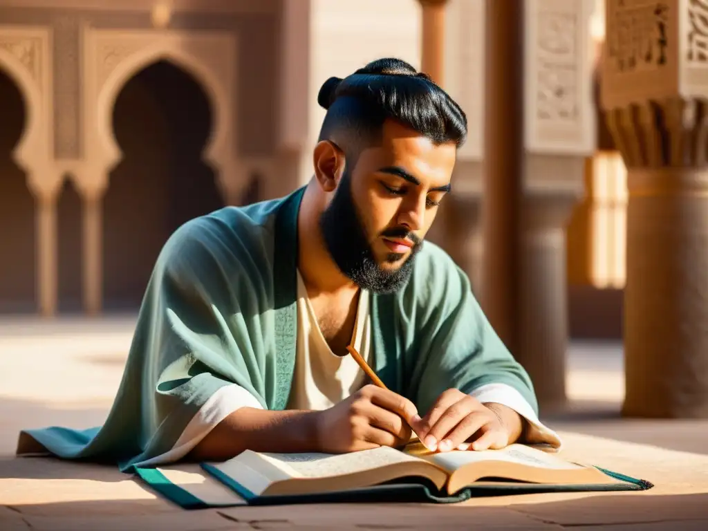 Al-Ma'arri poeta filósofo ciego leyendo manuscritos antiguos en un patio soleado, inmerso en la serena atmósfera de sabiduría árabe