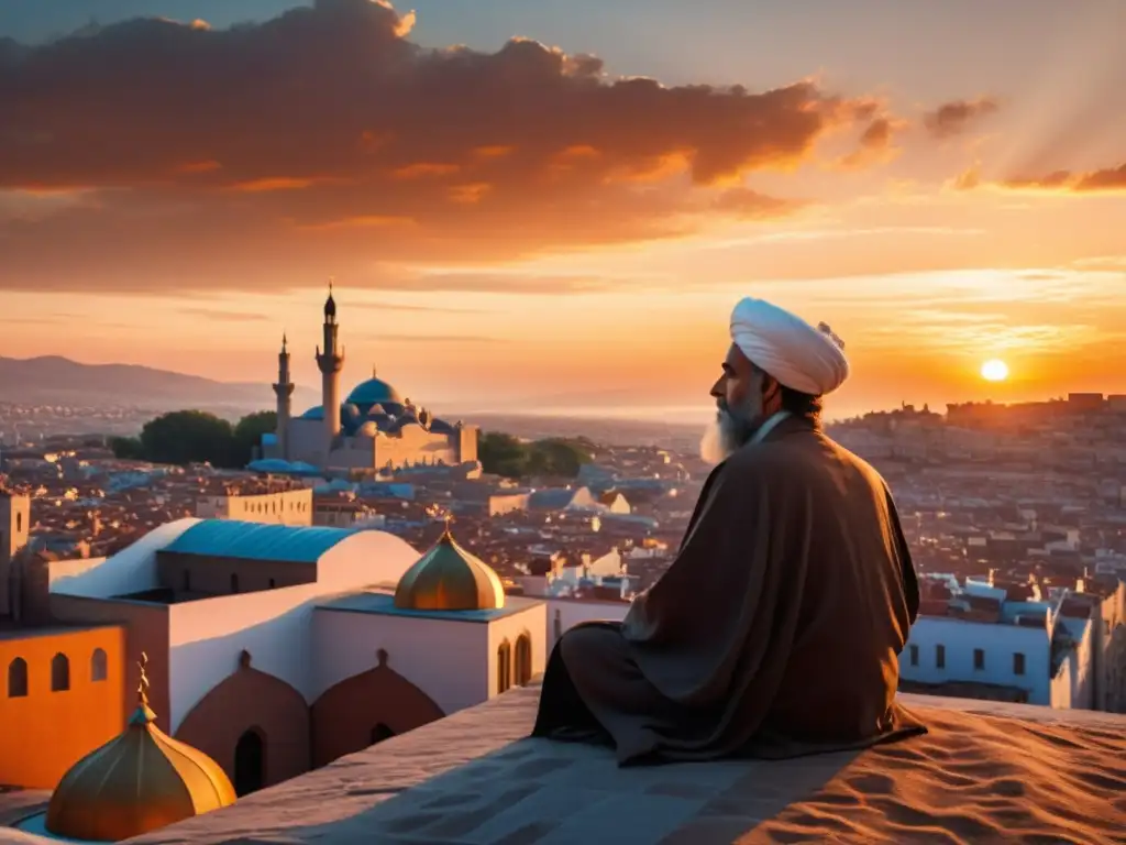 Un poeta sufí contempla la ciudad europea al atardecer, fusionando la influencia de la poesía sufí con la literatura europea