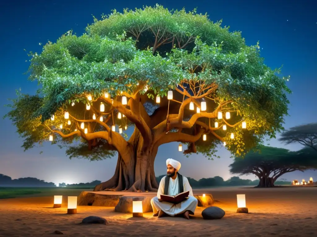 Un poeta Sufi contemplativo escribe versos bajo un árbol centenario en la India, rodeado de faroles