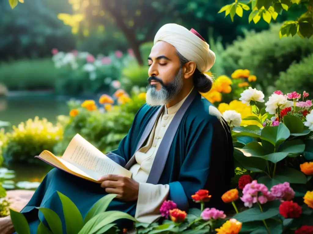 Un poeta sufí medita en un exuberante jardín, rodeado de flores y agua, con una expresión de introspección