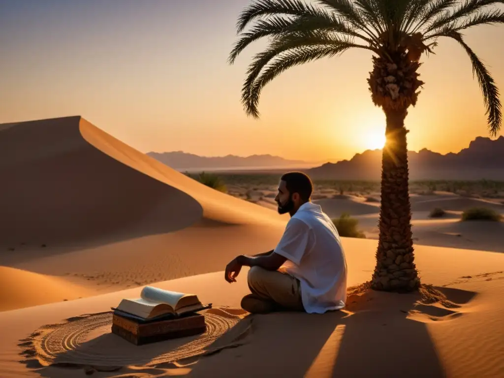 Un poeta árabe contempla el horizonte al atardecer bajo una palmera, rodeado de pergaminos y un tintero, evocando la enseñanzas de la poesía islámica