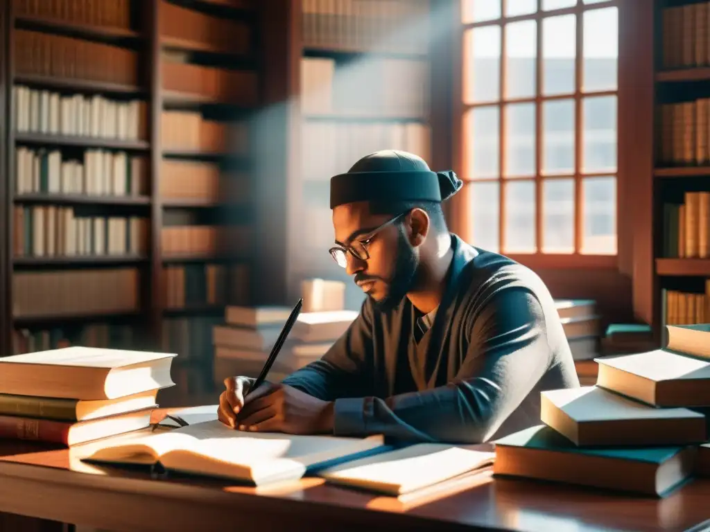 Un poeta islámico contemporáneo rodeado de libros, escribiendo mientras ecuaciones y versos flotan a su alrededor