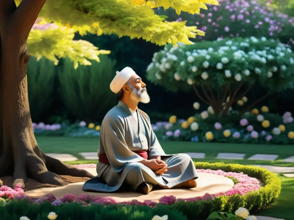 Rumi, poeta Sufi, medita en un jardín sereno entre flores coloridas