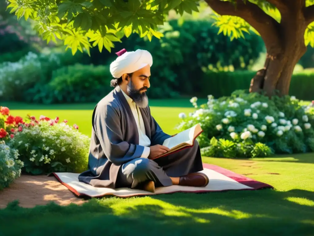 Un poeta Sufi reflexiona en un jardín sereno, rodeado de flores vibrantes y exuberante vegetación