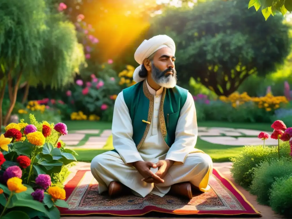 Un poeta sufí en meditación serena, rodeado de naturaleza exuberante y flores coloridas