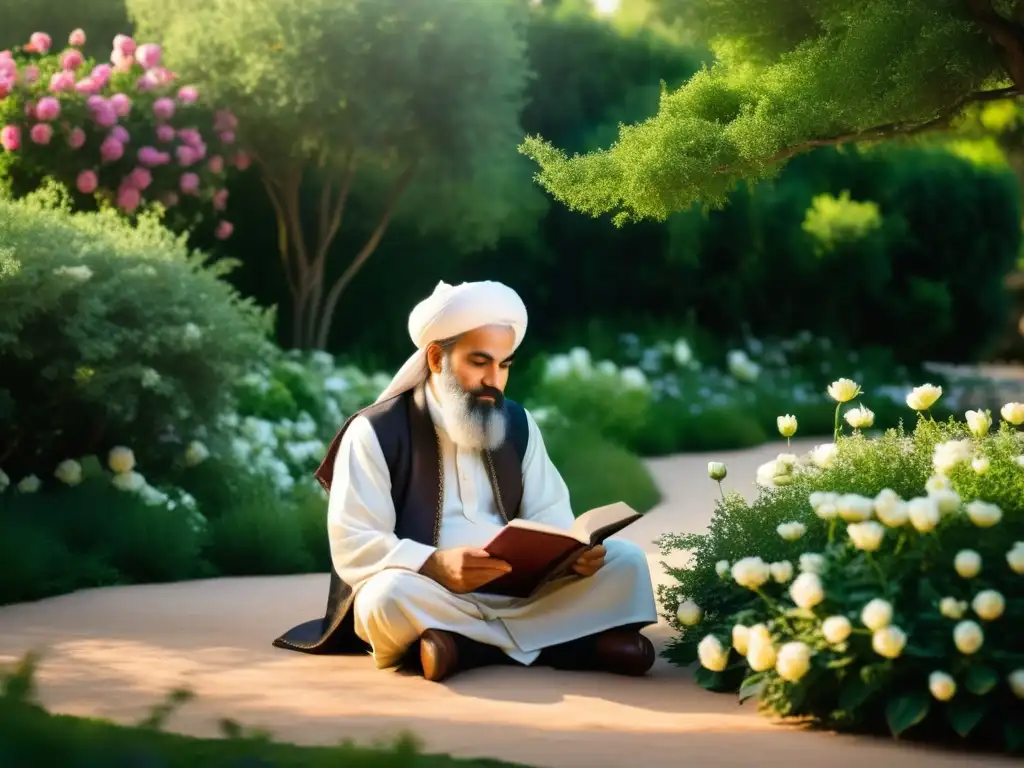 Poeta Sufi en jardín sereno Un poeta sufí persa contempla la naturaleza en un jardín sereno, escribiendo poesía en un diario de cuero entre flores en flor